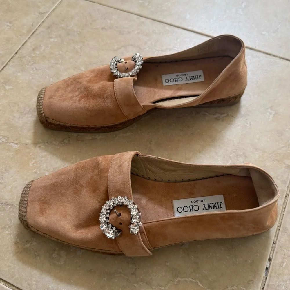 JIMMY CHOO Dru Crystal Embellished Suede Espadrilles Beige Sz 38 EU/8 US